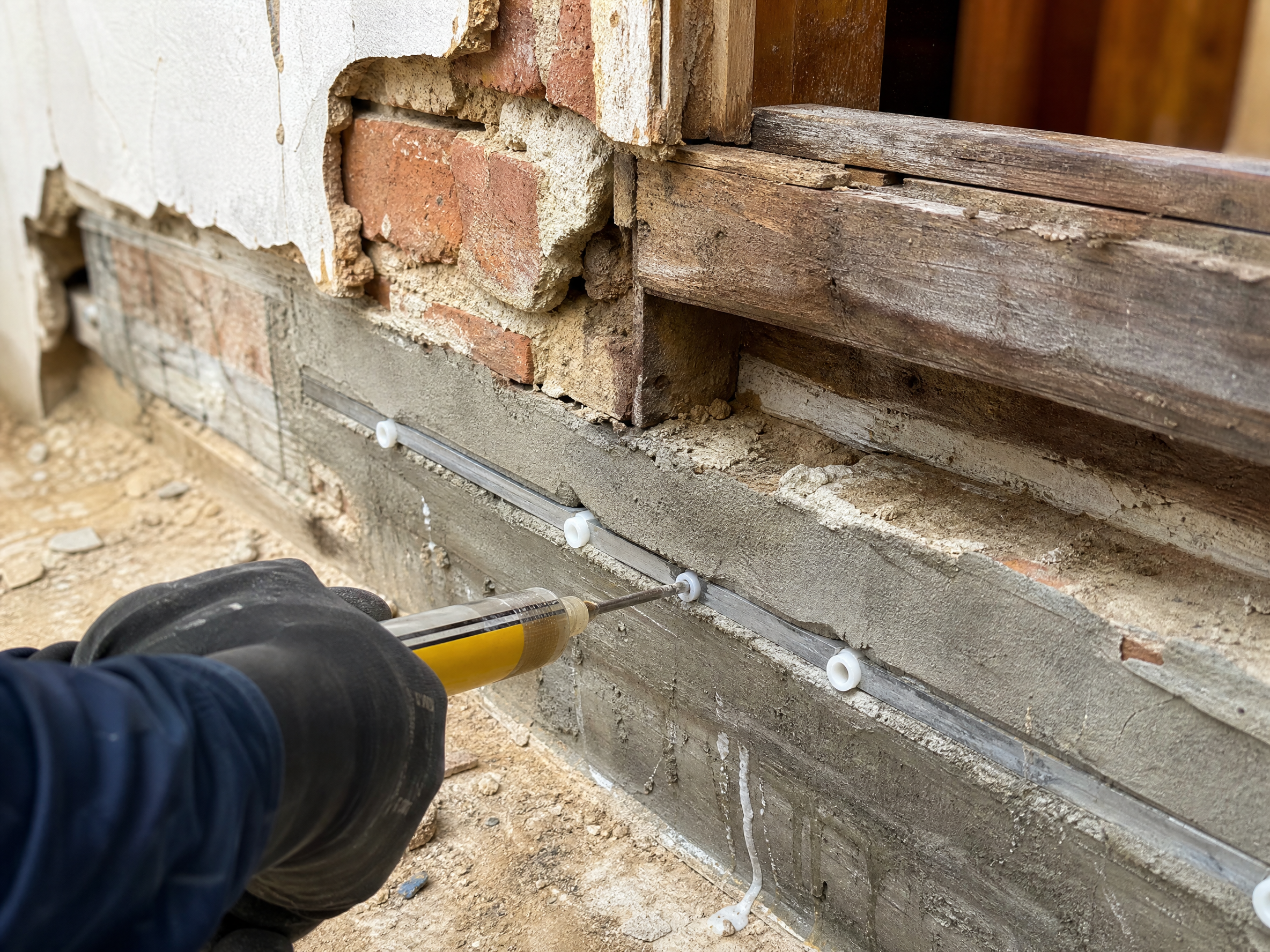 Close-up detail of materials and technique used in dry rot and wet rot treatment — showing quality