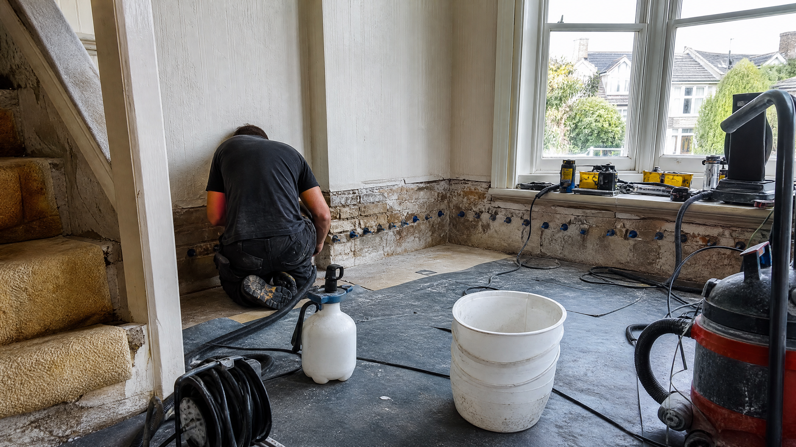 Rising Damp Treatment in progress at a British residential property — professional service in Birmingham